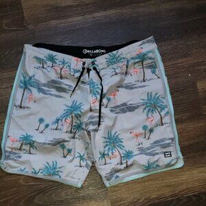 Billabong Recycler 73 Pro Men Size 38 Grey Flamingo Trunks Shorts Beach Casual